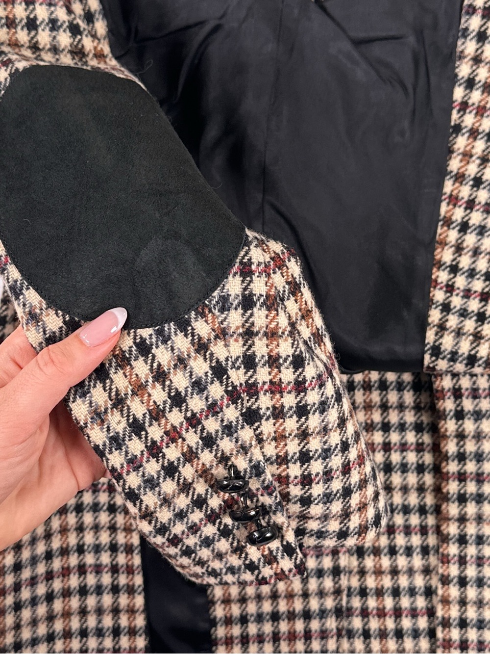 Paula Saker Vintage Blazer Suede Patches Houndstooth Tan Size 10 - Picture 7 of 13